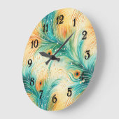 トロピカルティール(緑がかった色)ピーチオレンジピーコックフェザー ラージ壁時計 (傾斜)