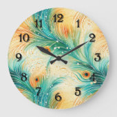 トロピカルティール(緑がかった色)ピーチオレンジピーコックフェザー ラージ壁時計 (正面)