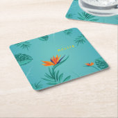 トロピカルティール（緑がかった色）ブルーグリーンパームモノグラムベリーズ スクエアペーパーコースター (アングル)