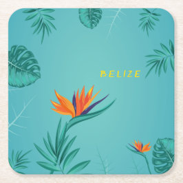 トロピカルティール（緑がかった色）ブルーグリーンパームモノグラムベリーズ スクエアペーパーコースター