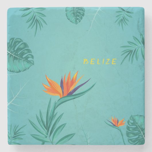 トロピカルティール（緑がかった色）ブルーグリーンパームモノグラムベリーズ ストーンコースター (正面)