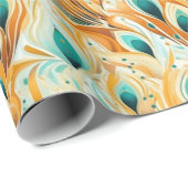 トロピカルティール（緑がかった色）ミントオレンジピーコックフェザー ラッピングペーパー