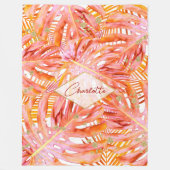 トロピカルテラコッタモンステラの葉パターモダンン フリースブランケット (正面)