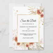 トロピカルテラコッタ乾燥パームリーフ金ゴールドフレーム セーブザデート (正面)