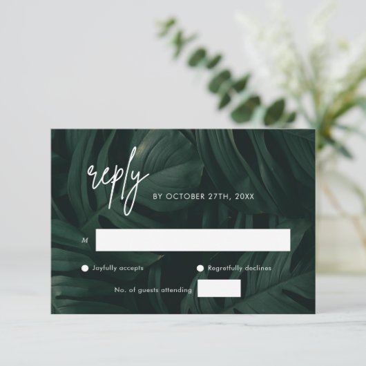 トロピカルデスティネーションウェディングRSVPカード エンクロージャーカード (スタンド正面)