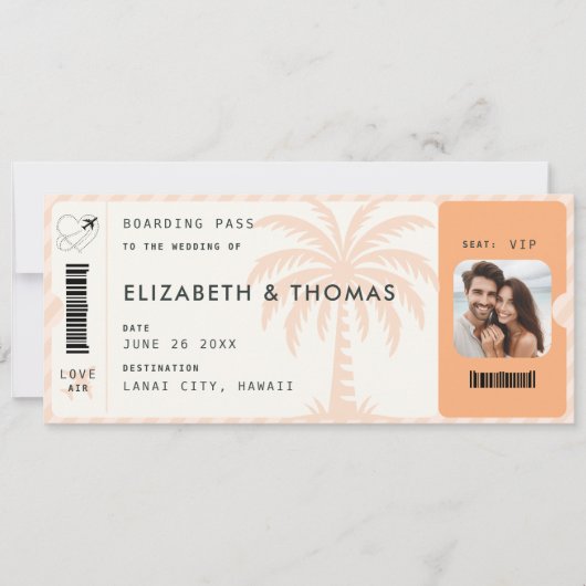 トロピカルデスティネーションボーディングパスパーム結婚QR 招待状 (正面)