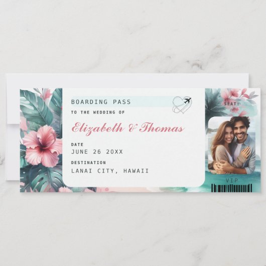 トロピカルデスティネーションボーディングパス結婚写真 招待状 (正面)