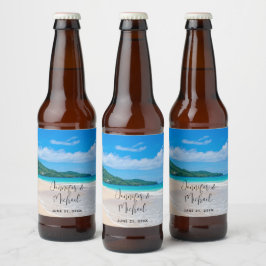 トロピカルデスティネーション風光明媚なビーチ結婚写真 ビールラベル
