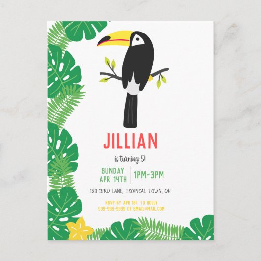 トロピカルトゥカントッティフルーツバースデーパーティー インビテーションポストカード (正面)