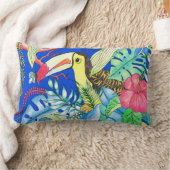 トロピカルトゥーカン&ジャングルリーフイラストレーション ランバークッション (ブランケット)