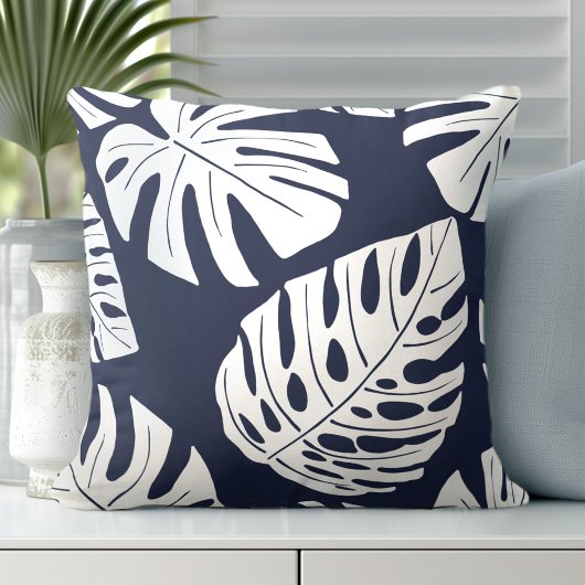 トロピカルネイビーブルーホワイトパームモンステラ葉ズ クッション