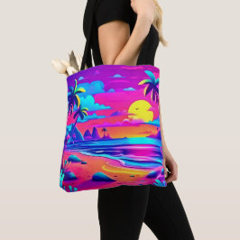 トロピカルネオンビーチの夕焼けアート トートバッグ