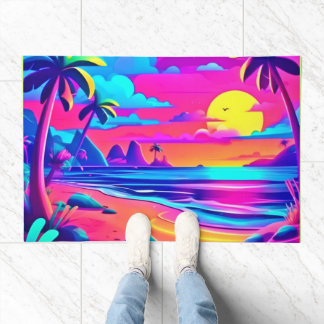 トロピカルネオンビーチの夕焼けアート ドアマット