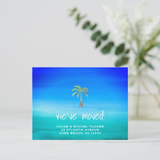 トロピカルネオンビーチヤパームの木の動く発表 ポストカード (スタンド正面)