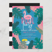 トロピカルネオンピンクプールアダルト誕生日 招待状 (正面/裏面)