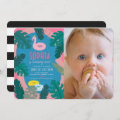 トロピカルネオンピンクプールガール1stバースデーフォト 招待状 (正面/裏面)