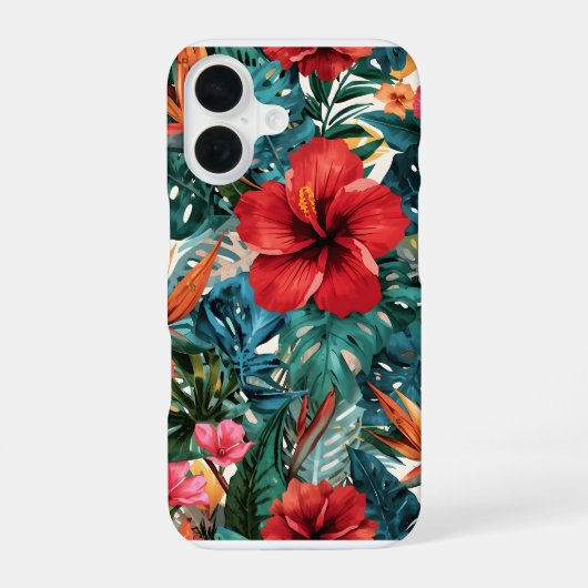 トロピカルハイビスカスとモンステラの葉のスマホケース | E iPhone 16ケース (裏面)