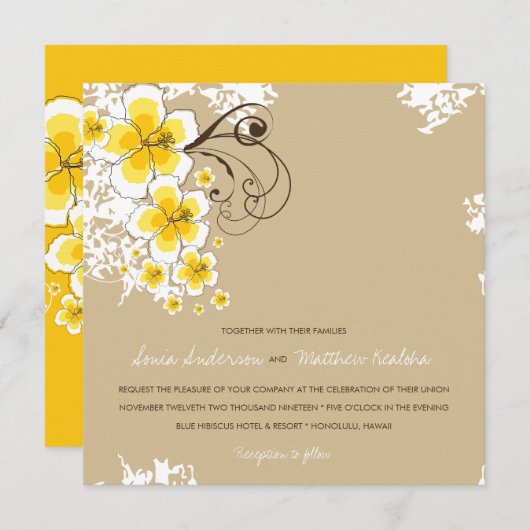 トロピカルハイビスカスイエロールアウ（ハワイ式宴会）ビーチ結婚式招待状 招待状 (正面/裏面)