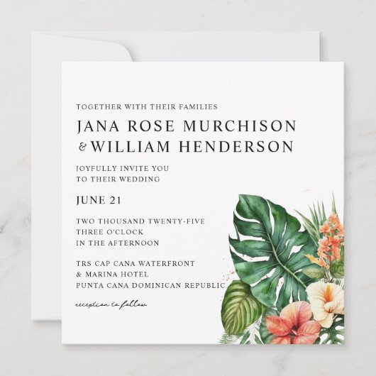 トロピカルハイビスカスウォーターカラー結婚式招待状 招待状 (正面)