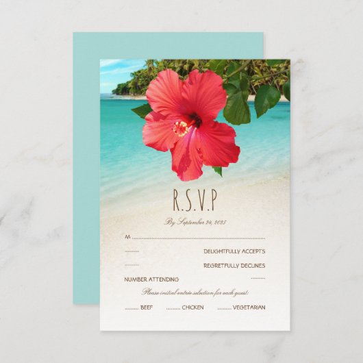 トロピカルハイビスカスハワイアンビーチ結婚テーマ 出欠カード (正面/裏面)
