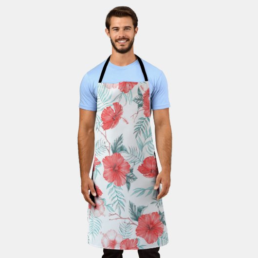 トロピカルハイビスカスパームシームレスプリント エプロン (着用した状態)