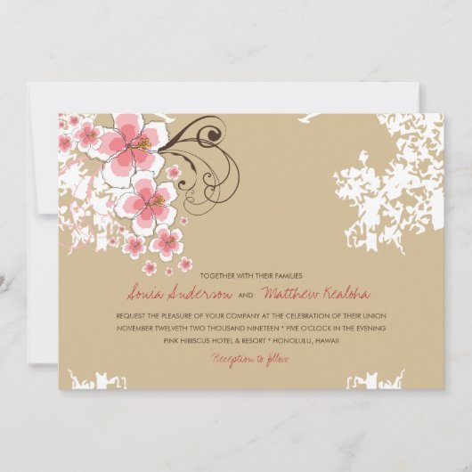 トロピカルハイビスカスピンクルアウ(ハワイ式宴会)ビーチ結婚式招待状 招待状 (正面)