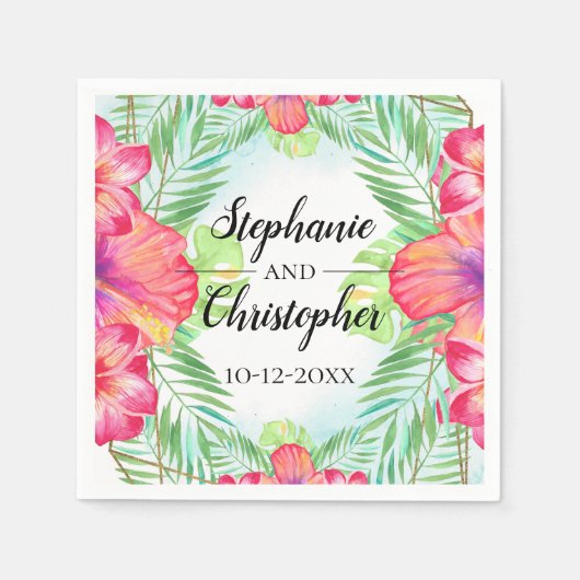 トロピカルハイビスカスフラワーウォータービーチ結婚式 スタンダードカクテルナプキン (正面)