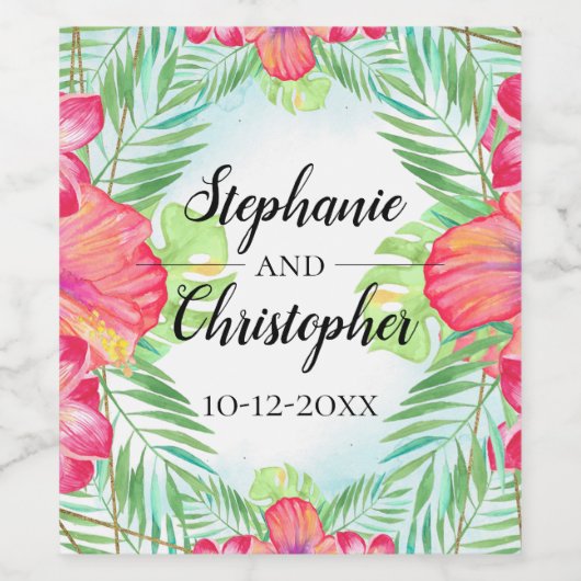 トロピカルハイビスカスフラワーウォータービーチ結婚式 ワインラベル (シングルラベル)