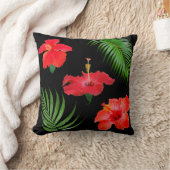 トロピカルハイビスカスフラワー&パーム離れズオンブラック クッション (ブランケット)