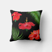 トロピカルハイビスカスフラワー&パーム離れズオンブラック クッション (裏面)