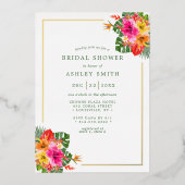 トロピカルハイビスカスフローラ葉パームブライダルシャワー 箔招待状 (正面)