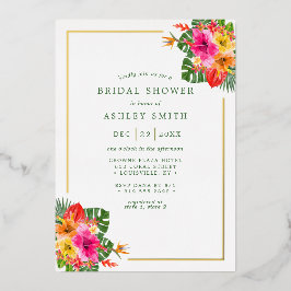 トロピカルハイビスカスフローラ葉パームブライダルシャワー 箔招待状