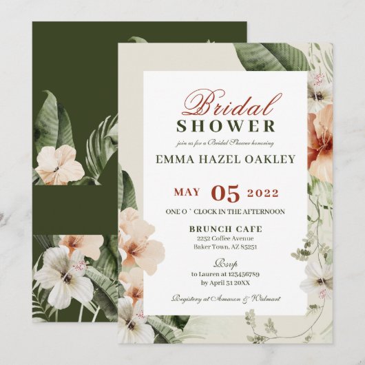 トロピカルハイビスカスボホパステルブライダルシャワー 招待状 (正面/裏面)