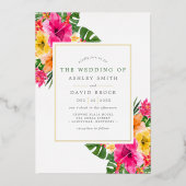 トロピカルハイビスカス葉フローラパーム結婚ズ 箔招待状 (正面)