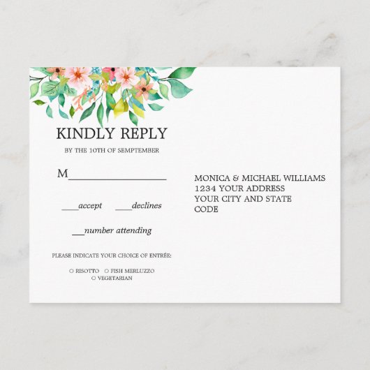 トロピカルハイビスカス フラワー ウェディング RSVP 料理選択 インビテーションポストカード (裏面)