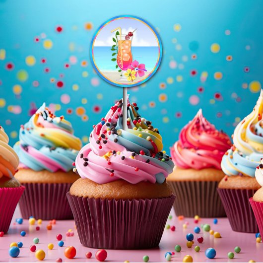 トロピカルハウィアンルアウ(ハワイ式宴会)カップケーキトッパーズステッカー ラウンドシール