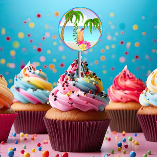 トロピカルハウィアンルアウ(ハワイ式宴会)カップケーキトッパーズステッカー ラウンドシール