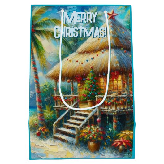 トロピカルハットクリスマスパームツリービーチライト ミディアムペーパーバッグ (裏面)