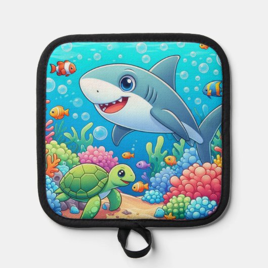 トロピカルハワイのカラフルな水中サメとカメ 鍋敷き (正面)