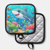 トロピカルハワイのカラフルな水中サメとカメ 鍋敷き (正面/裏面)