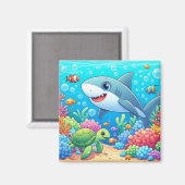 トロピカルハワイのカラフルな水中サメと海亀 マグネット (正面/裏面)