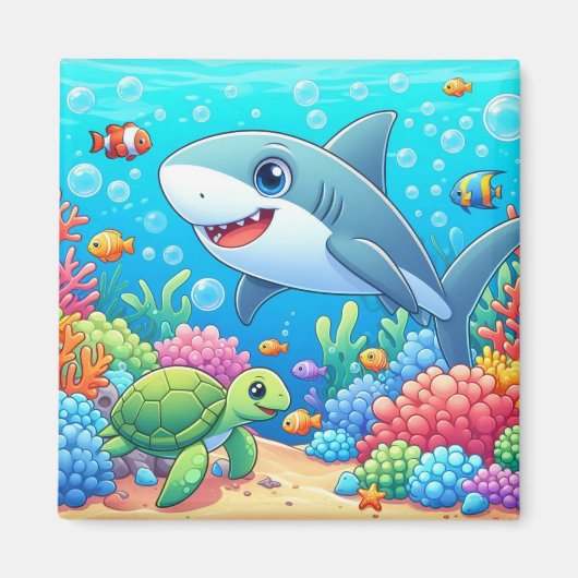 トロピカルハワイのカラフルな水中サメと海亀 マグネット (正面)