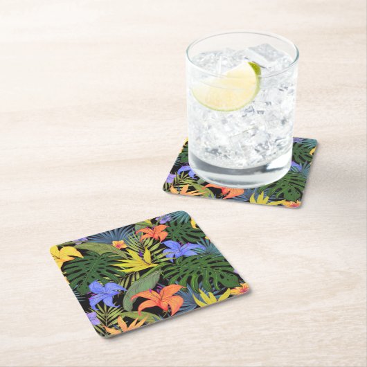 トロピカルハワイアロハフラワーグラフィック スクエアペーパーコースター (インサイチュ)