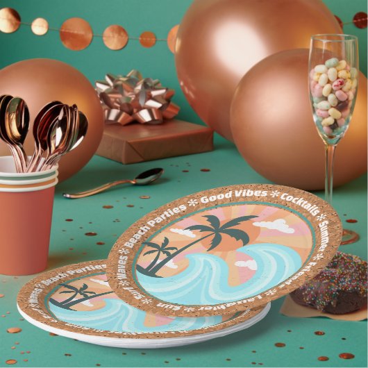 トロピカルハワイアンアイランドパームツリーズオンフェイクコルク ペーパープレート (複数)