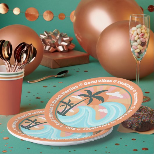 トロピカルハワイアンアイランドパームツリーズグッドビベス ペーパープレート (複数)