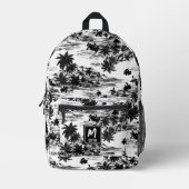 トロピカルハワイアンアイランドブラック&ホワイトモノグラム プリントバックパック (正面)