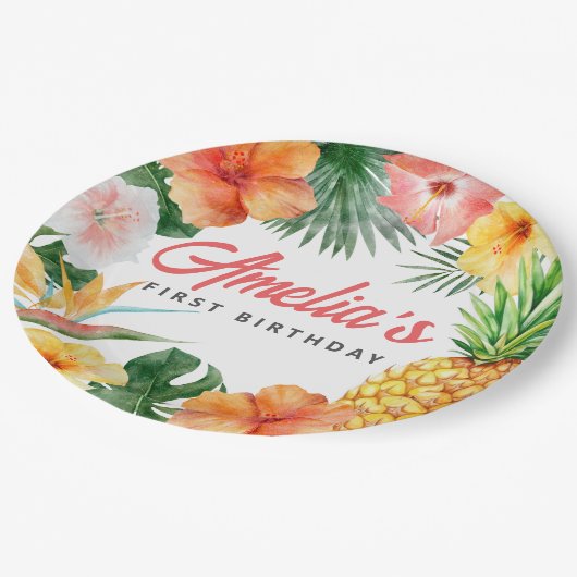 トロピカルハワイアンバースデーパーティー紙プレート ペーパープレート (アングル)