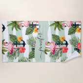 トロピカルハワイアンピンクフラミンゴズヤシ葉の木 ビーチタオル (正面)