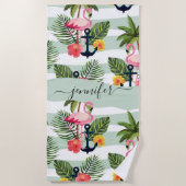 トロピカルハワイアンピンクフラミンゴズヤシ葉の木 ビーチタオル (正面)