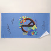 トロピカルハワイアンピースラブネームブルー ビーチタオル (正面)